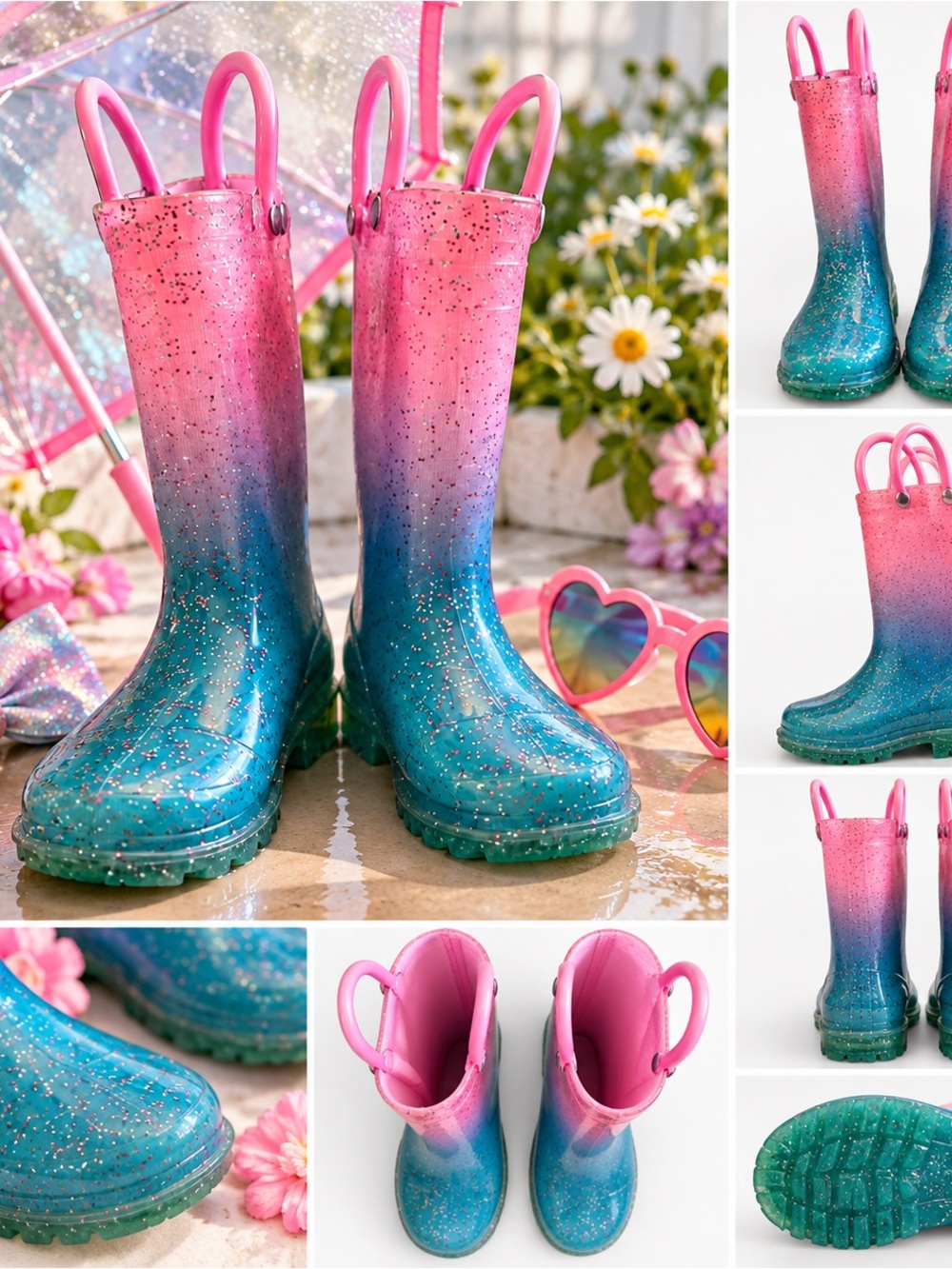 Western Chief Girls Glitter Ombre Rain Boots Pink Blue Size 7/8